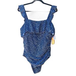 Kona Sol 1 Piece Swim 17 Dot Ruffle Shoulder One Piece Slim Swimsuit Navy Blue